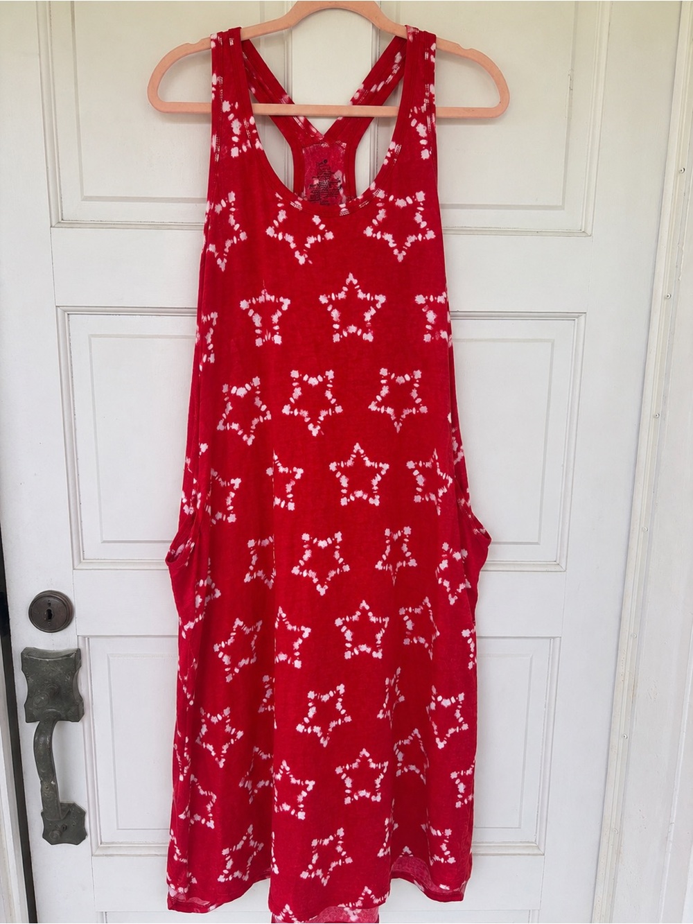 Patriotic Americana Red Tie Dye Star Maxi Lounge Dress Racerback Size L 12-14